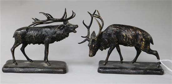 A pair of Victorian bronze figures of stags L.14cm